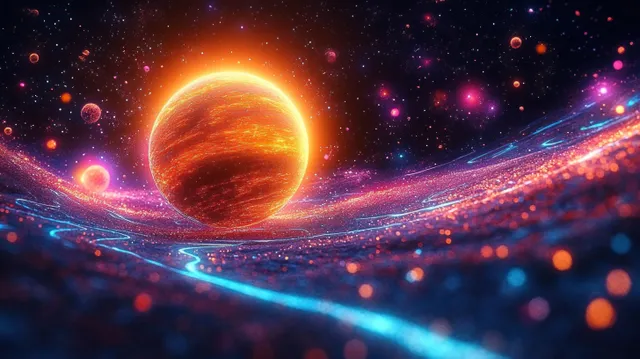 A glowing orange planet with neon edges floats above a colorful cosmic nebula of stardust and light trails.