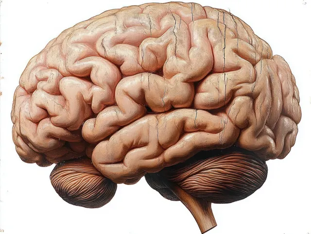 Human brain illustration highlighting cerebral cortex folds, cerebellum, and brainstem with detailed shading.