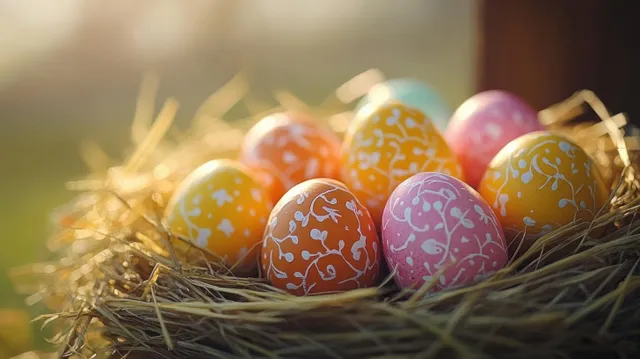 Close-up of decorated Easter eggs in a straw nest under warm golden sunlight