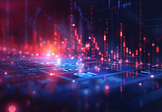 Glowing candlestick stock chart lines float above a dark trading interface with data points and light trails.