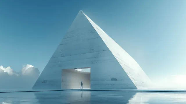 Triangular concrete facade building with a recessed doorway under a clear blue sky and long shadows.