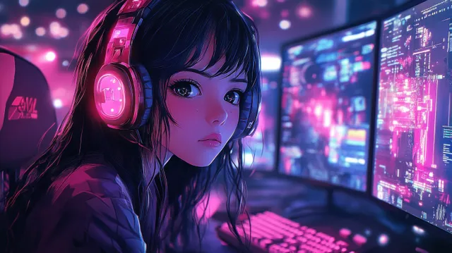 Anime gamer girl wearing neon headphones in a cyber gaming room with glowing screens