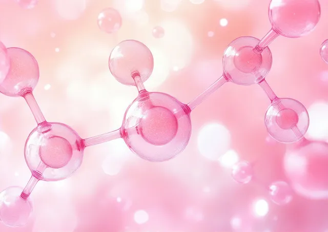 Connected transparent pink spheres form a glowing molecular structure against a soft pink bokeh background.