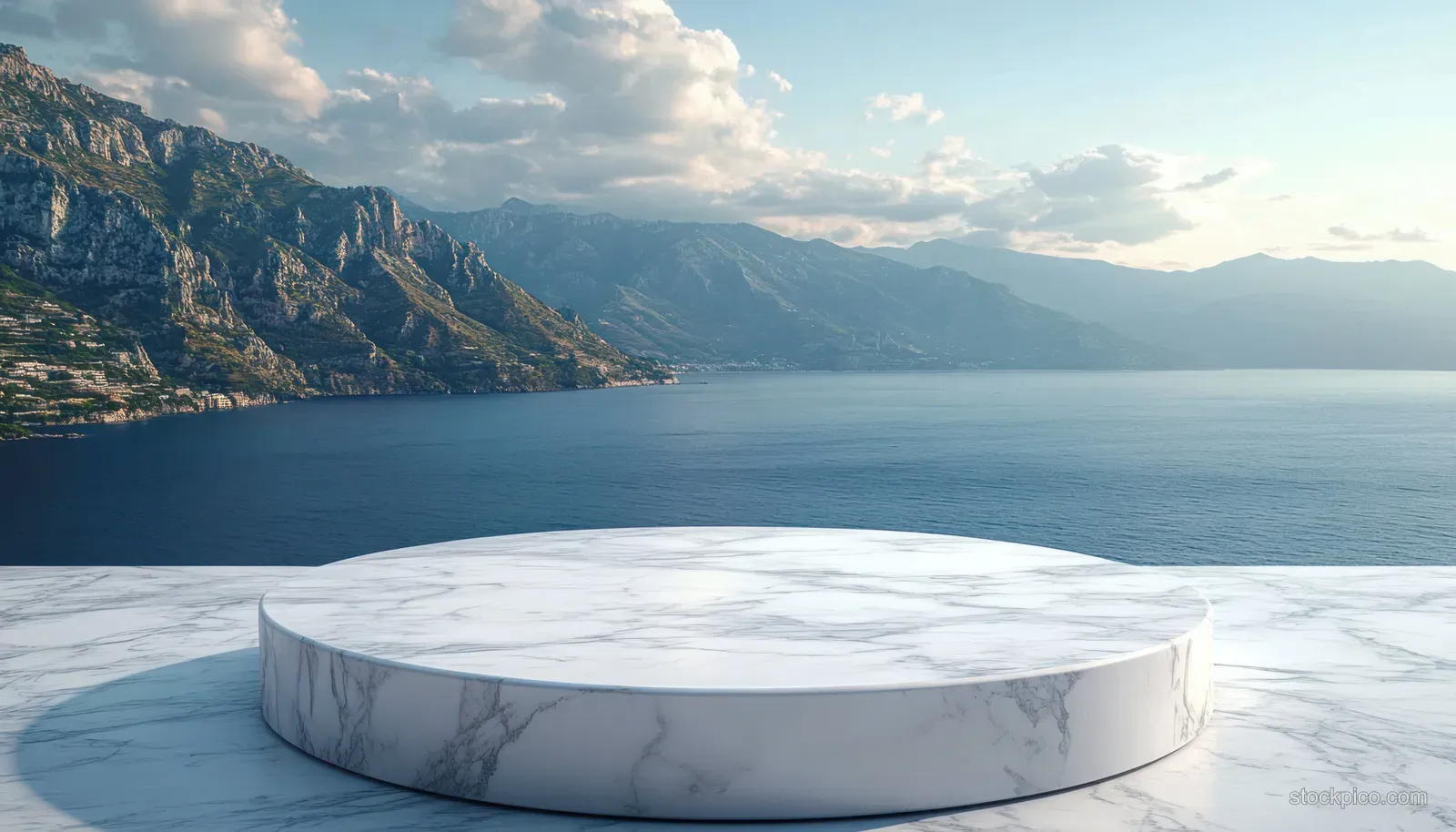 Empty round marble pedestal in the foreground overlooks calm blue sea and mountainous coastline under partly cloudy sky.
