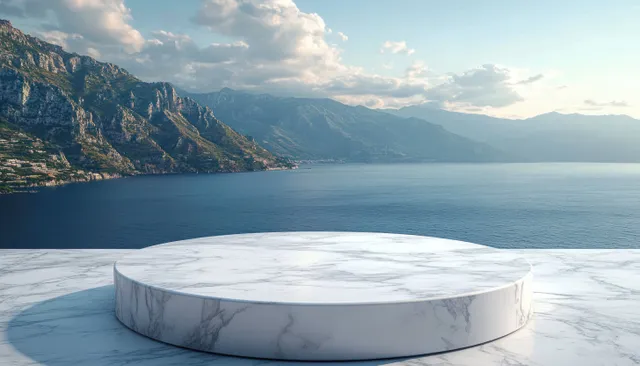 Empty round marble pedestal in the foreground overlooks calm blue sea and mountainous coastline under partly cloudy sky.