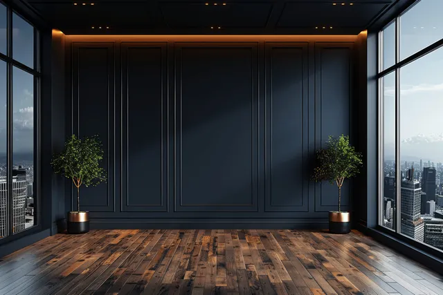 Empty Scandinavian living room with dark wall paneling, parquet floor, and panoramic windows showing a city skyline.