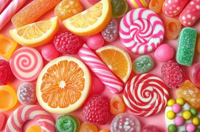 Fruit slice and striped spiral candies, gummy sweets, and lollipops piled closely on a pink surface.