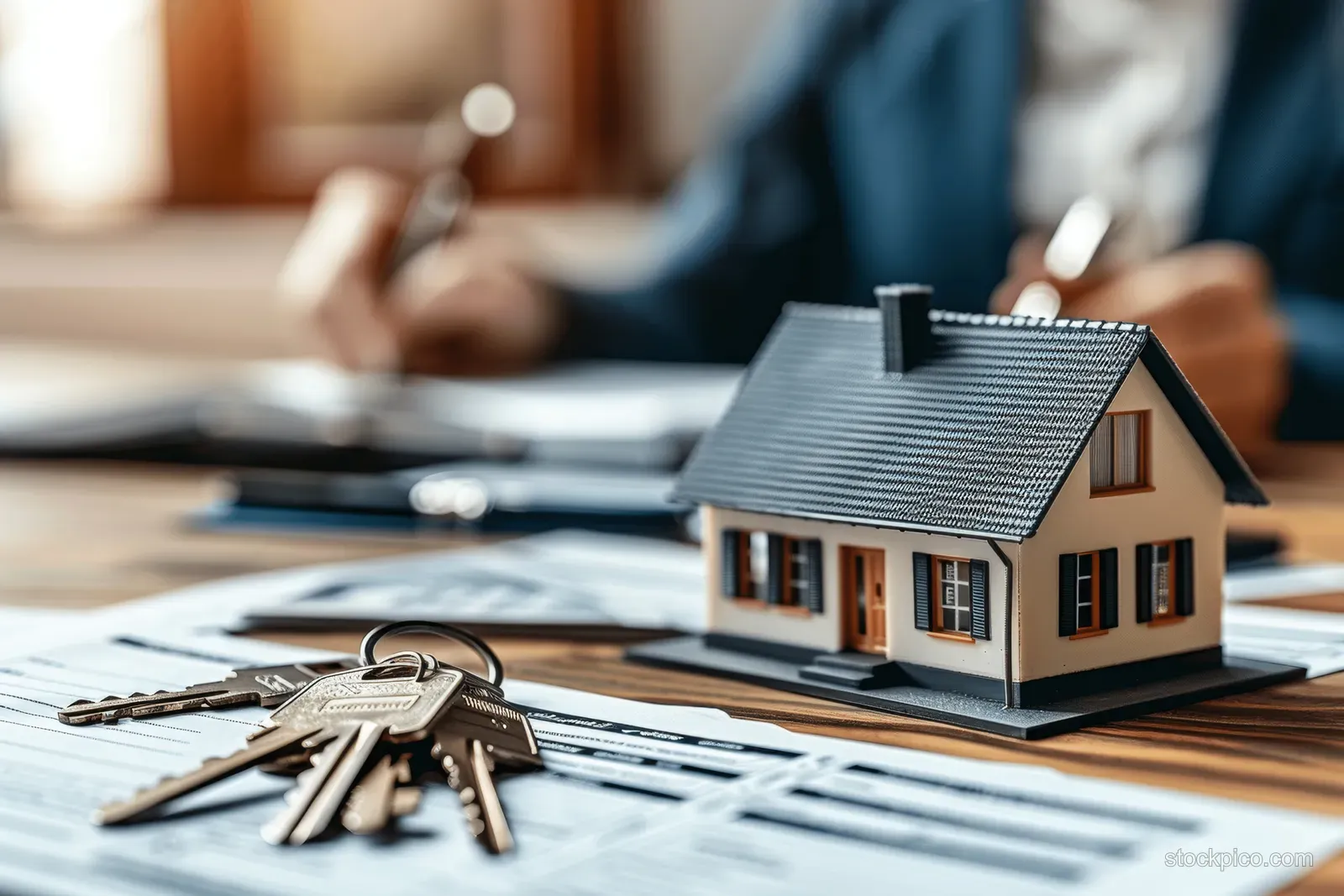 Couple signs a home purchase agreement while a miniature house model and keys rest on an office table.