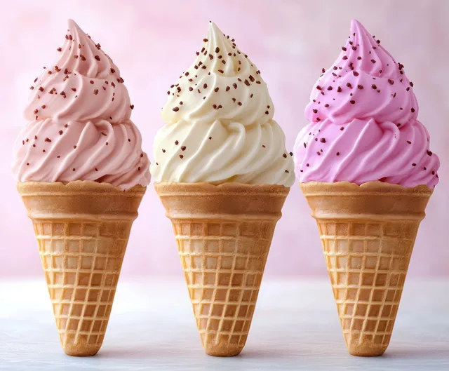 Three ice cream cones with vanilla, chocolate, and strawberry swirls on a soft pastel background.