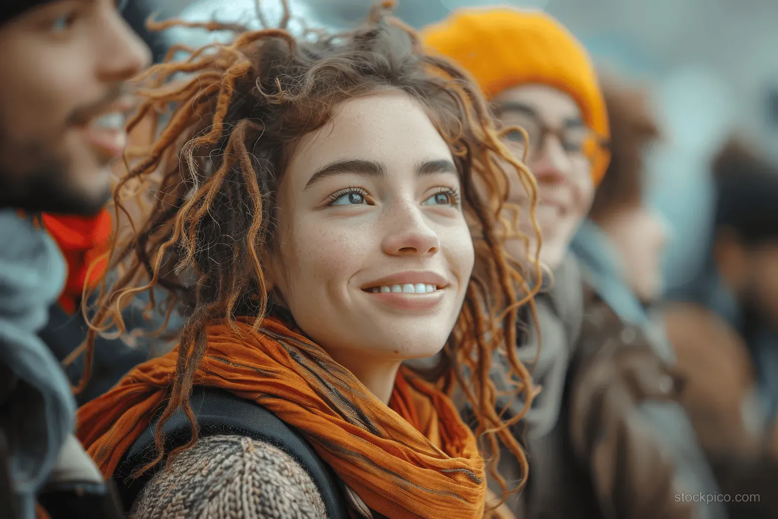 Young woman smiling with colorful scarf while friends chat outdoors in a Paris park setting.