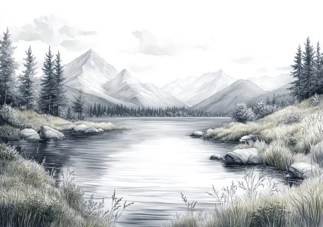 Monochrome ink sketch of a river flowing through a forested valley toward distant mountain peaks.