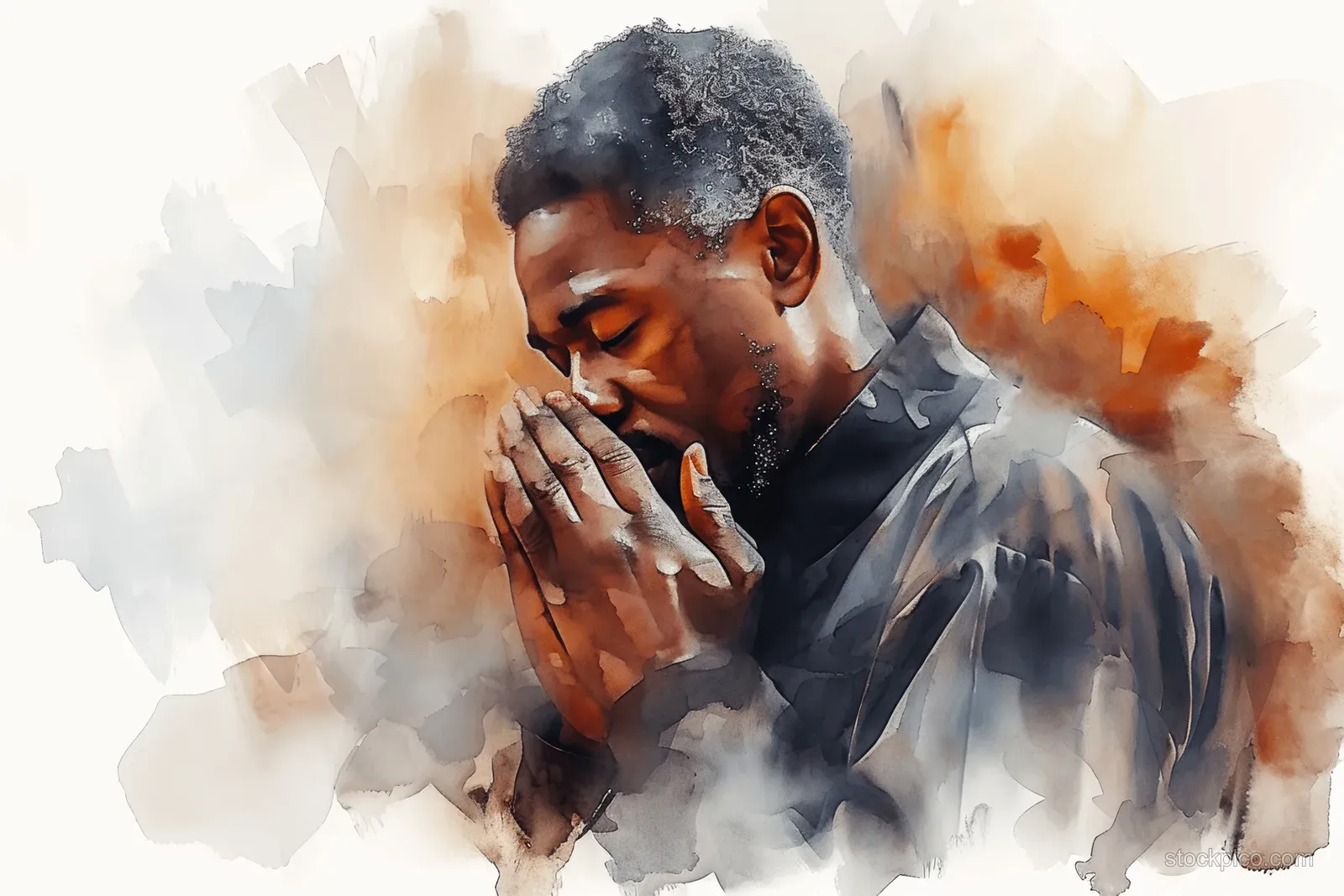 Watercolor painting of a young African American man praying with clasped hands and closed eyes on a white background.