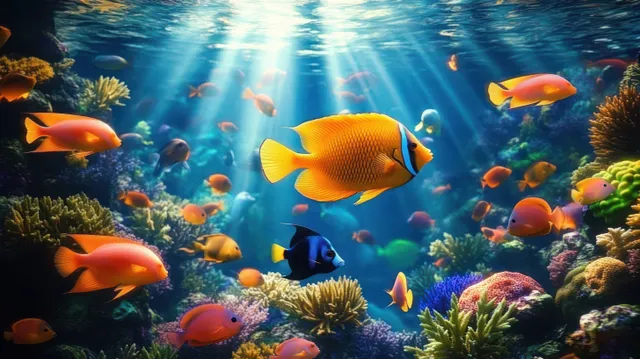 Colorful tropical fish swim over a coral reef as sun rays beam down through blue water.