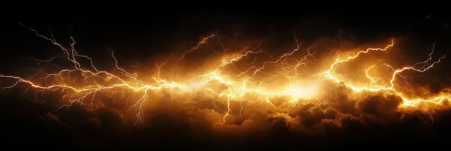 Symmetrical lightning arcs strike through dark storm clouds across a twilight sky.