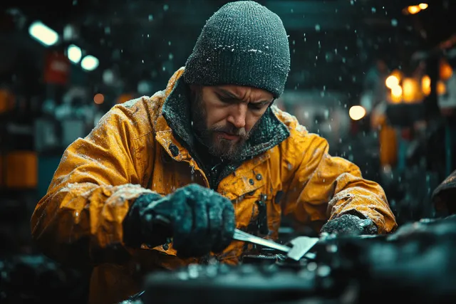 Mechanic testing a vehicle exhaust emission probe at an inspection station