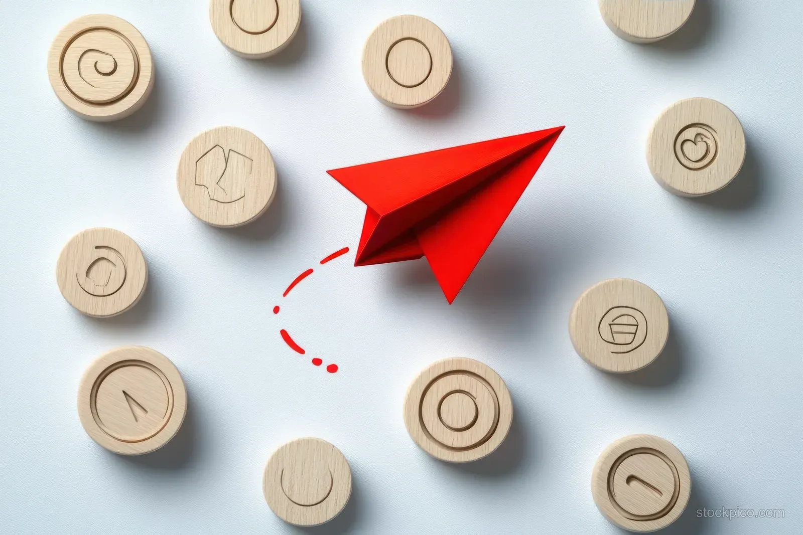 A red paper airplane flies above engraved wooden round tokens scattered on a white surface.