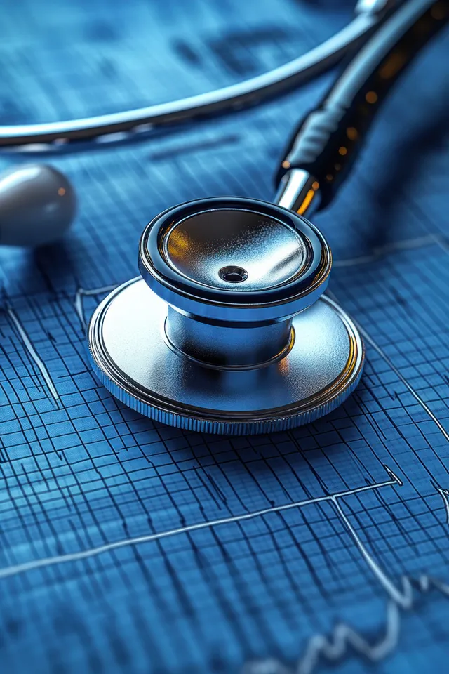 Metal stethoscope lying on electrocardiogram graph paper with cool blue lighting and ECG wave traces visible.