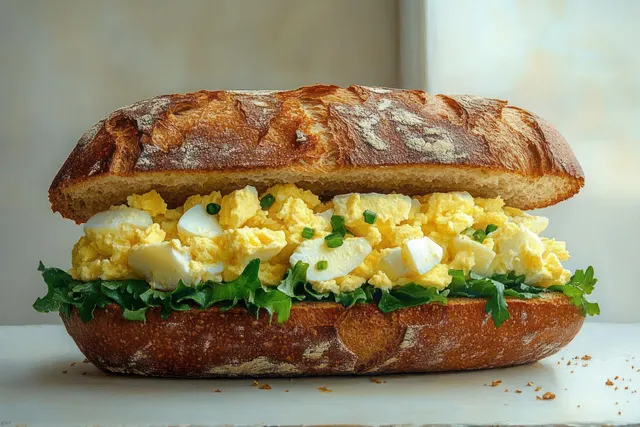 Crusty rustic bread roll stuffed with scrambled eggs, chopped boiled eggs, and leafy lettuce on a light surface.