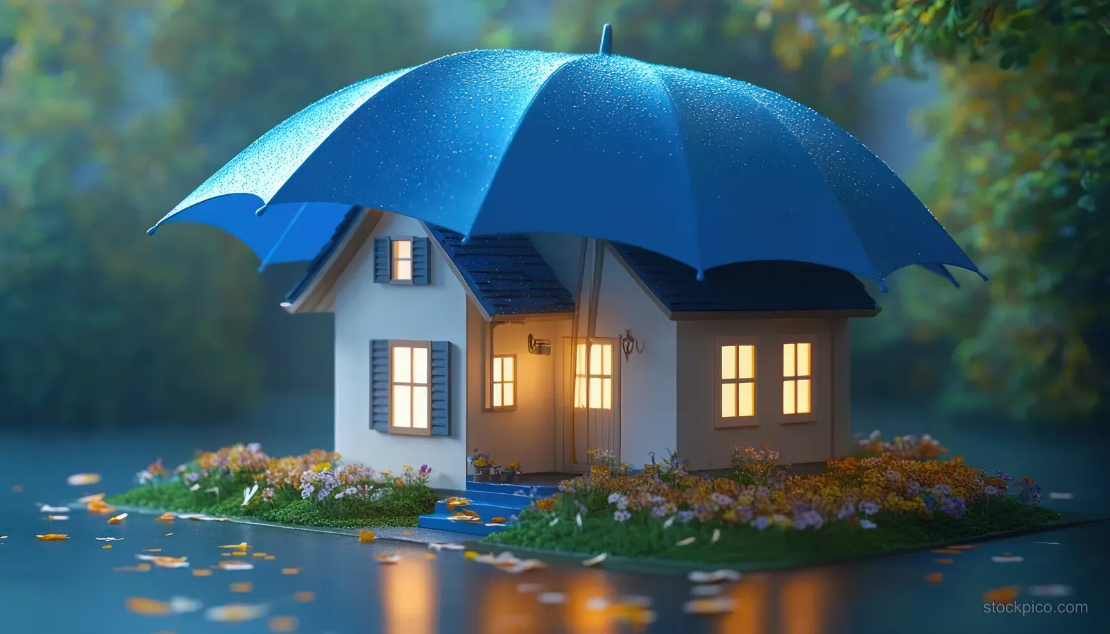A small house with glowing windows sits under a blue umbrella on a flower bed with wet petals around it.