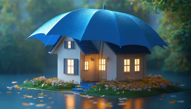 A small house with glowing windows sits under a blue umbrella on a flower bed with wet petals around it.