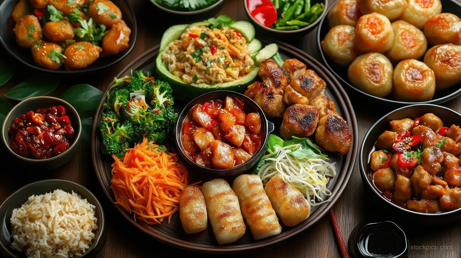 Top view of assorted Chinese New Year dishes arranged on a red table with dumplings, noodles, and sauces.