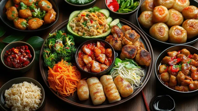 Vista superior de varios platos del Año Nuevo chino dispuestos sobre una mesa roja con dumplings, fideos y salsas.