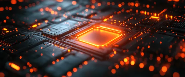 Dark metallic geometric circuit lines frame a glowing orange core with sparkling bokeh lights.