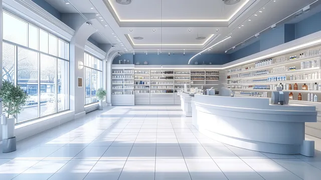 Empty pharmacy interior with medicine shelves, a counter, and bright ceiling lights stretching down the aisles.