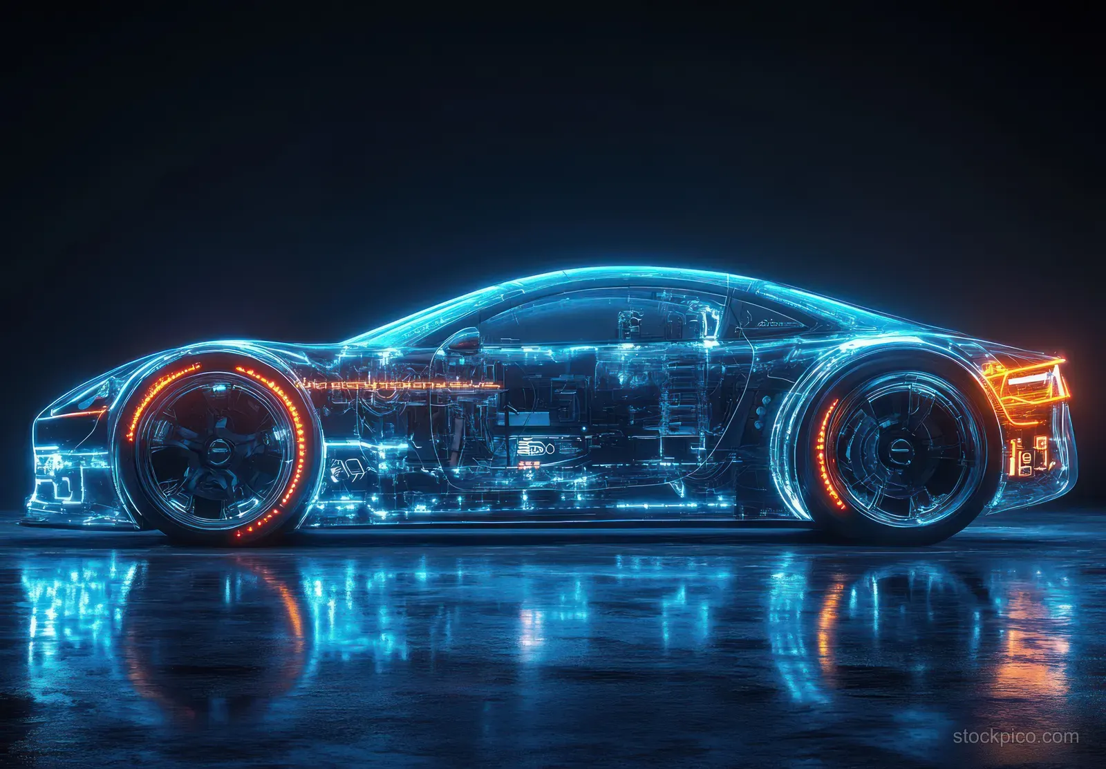 Transparent cyberpunk car cutaway shows neon-lit engine and mechanical systems with glowing wheels on a dark reflective ground.