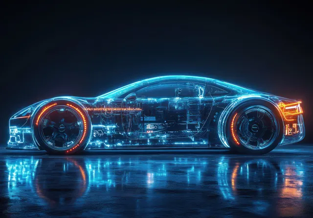 Transparent cyberpunk car cutaway shows neon-lit engine and mechanical systems with glowing wheels on a dark reflective ground.