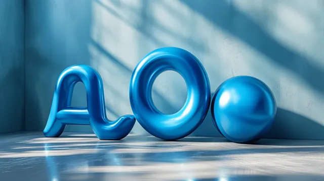 3D blue letters “A O S” resting on glossy floor with soft light beams