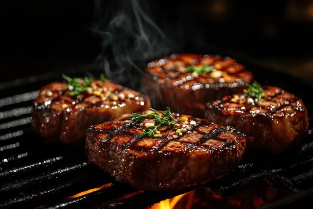 Grilled Beef Steaks Sizzling on Dark Barbecue Grates with Herbs