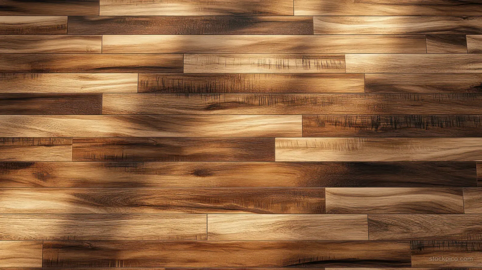 Close-up parquet wooden floor texture with visible seams and warm sunlight highlighting the grain patterns.