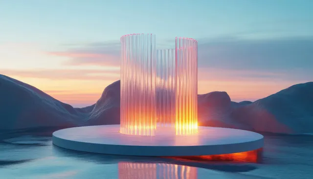 Warm glowing transparent cylinders stand on a round platform, reflected in still water at sunset among smooth hills.