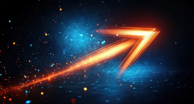 Fiery orange upward-right arrow with glowing light trail over a blue starry particle cosmic background.