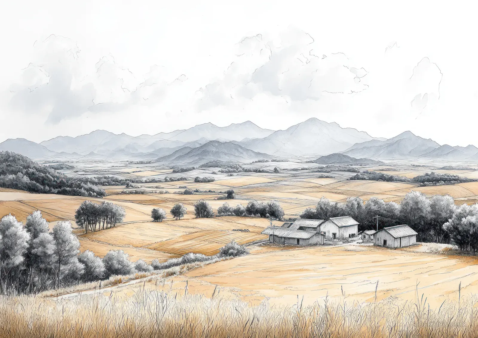 A serene sumi-e countryside landscape showcases agricultural fields, farm buildings, and distant mountains under a soft sky.