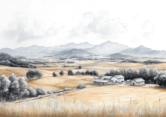 A serene sumi-e countryside landscape showcases agricultural fields, farm buildings, and distant mountains under a soft sky.