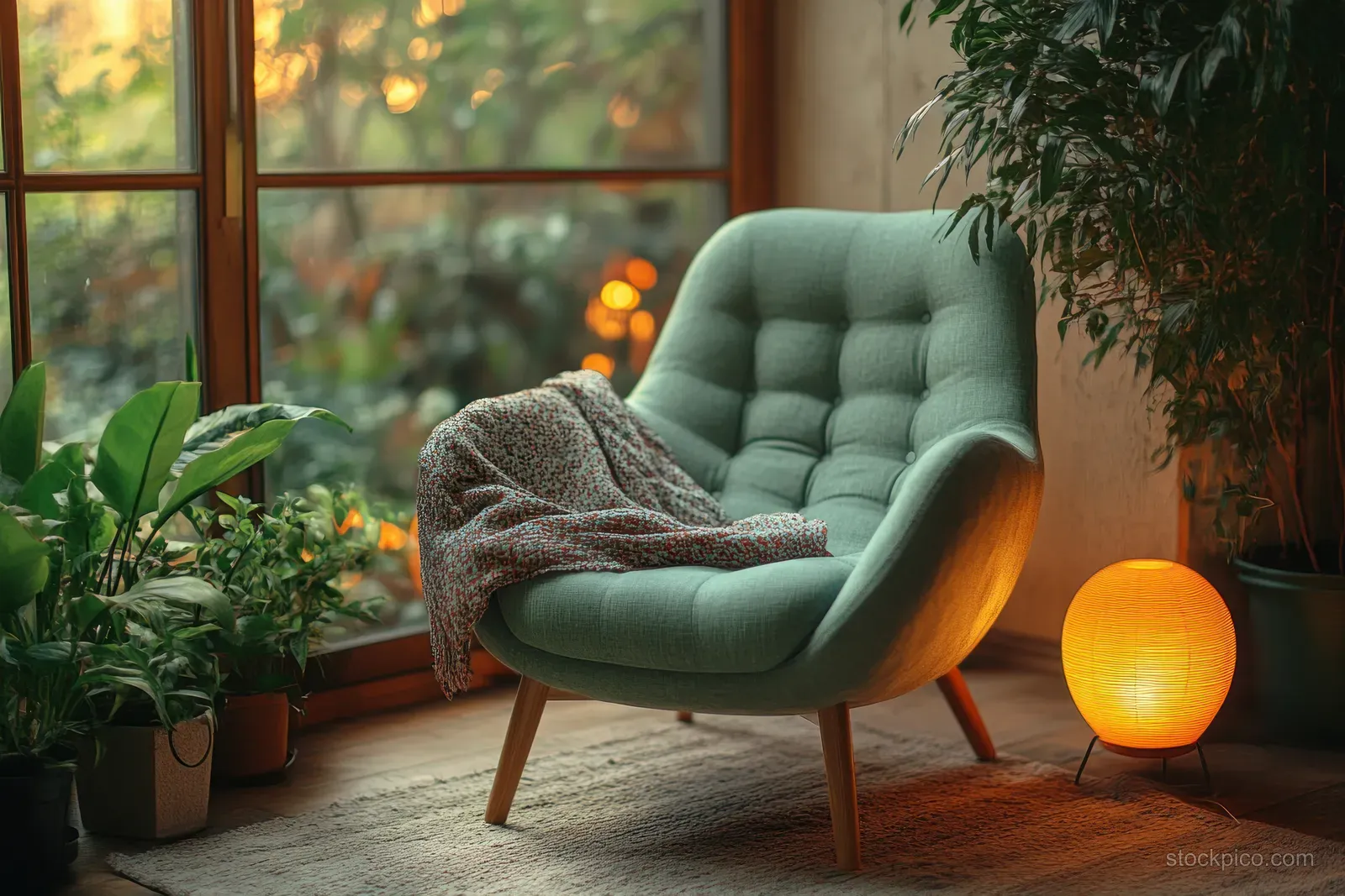 Green armchair with a patterned blanket beside a warm table lamp and potted plants near a window.
