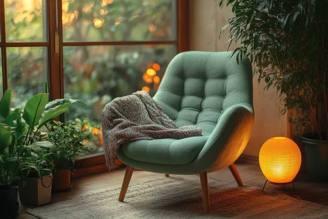 Green armchair with a patterned blanket beside a warm table lamp and potted plants near a window.