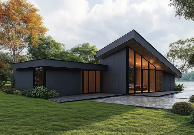 Single-story modern house with dark facade and floor-to-ceiling windows by calm lake