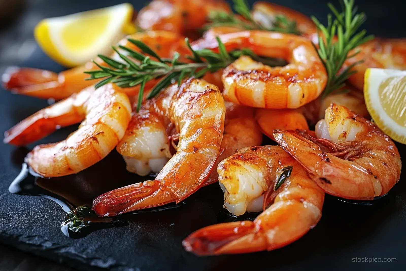 Grilled shrimp piled on a dark stone platter, topped with rosemary and lemon wedges.