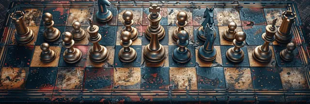 Scattered metal chess pieces rest on a worn wooden chessboard with dark moody lighting.