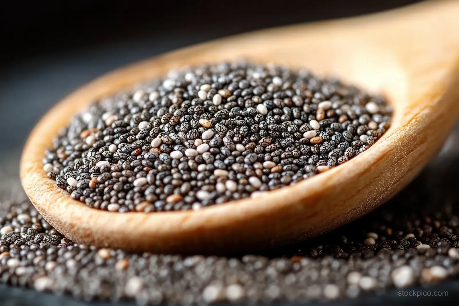 A wooden spoon filled with black and white chia seeds rests on a surface covered with more seeds.