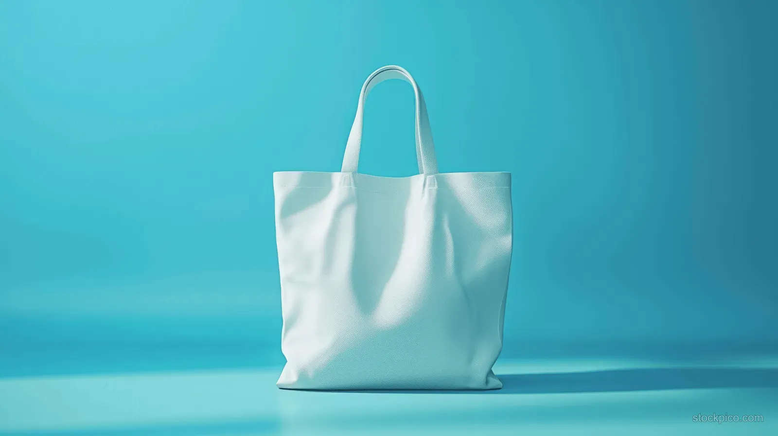 A white tote bag mock-up isolated on a light blue background with soft bokeh highlights and a visible handle.