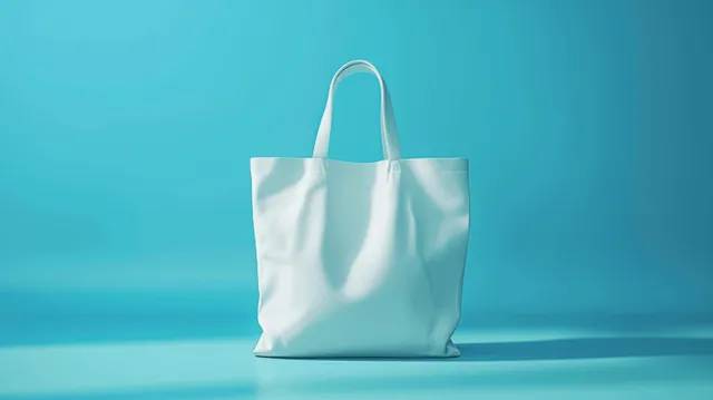 A white tote bag mock-up isolated on a light blue background with soft bokeh highlights and a visible handle.