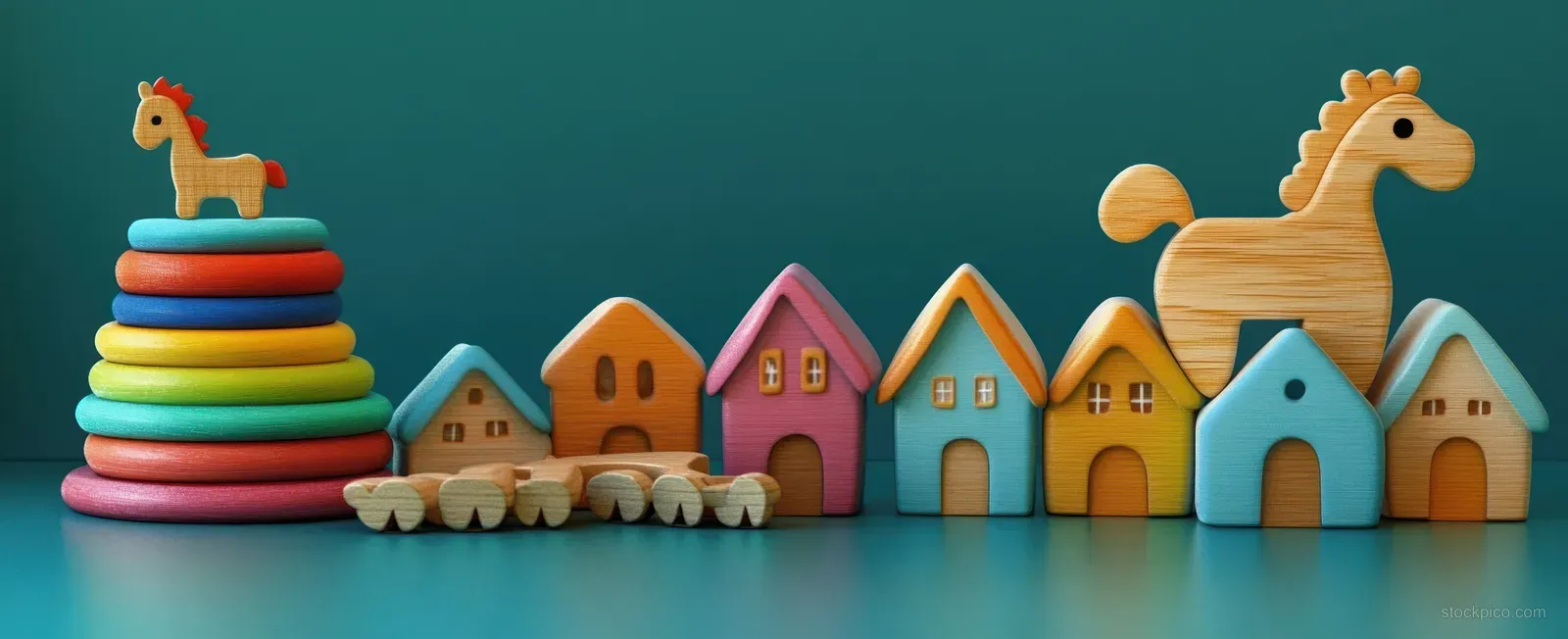 Colorful wooden toy houses and blocks arranged on a teal tabletop with stacking rings in the corner.
