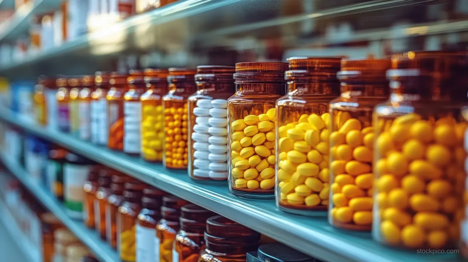 Colorful medication bottles line a pharmacy shelf under warm ambient lighting with blurred background.