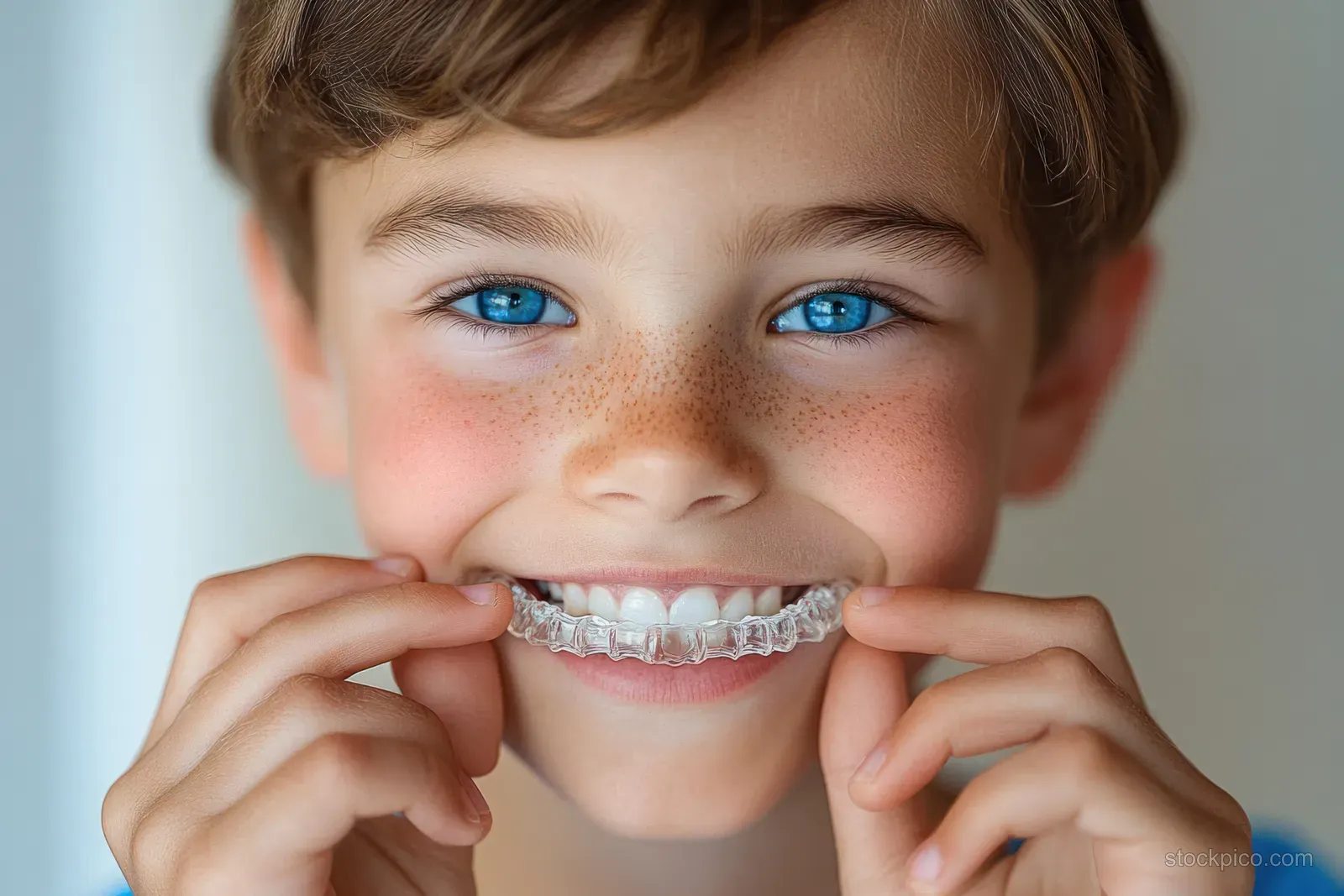 A smiling boy with freckles holds a clear dental aligner with both hands in a close-up portrait.