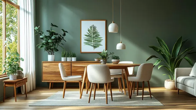 Sunlit dining room with wooden table, upholstered chairs, green walls, potted plants, and framed botanical print.