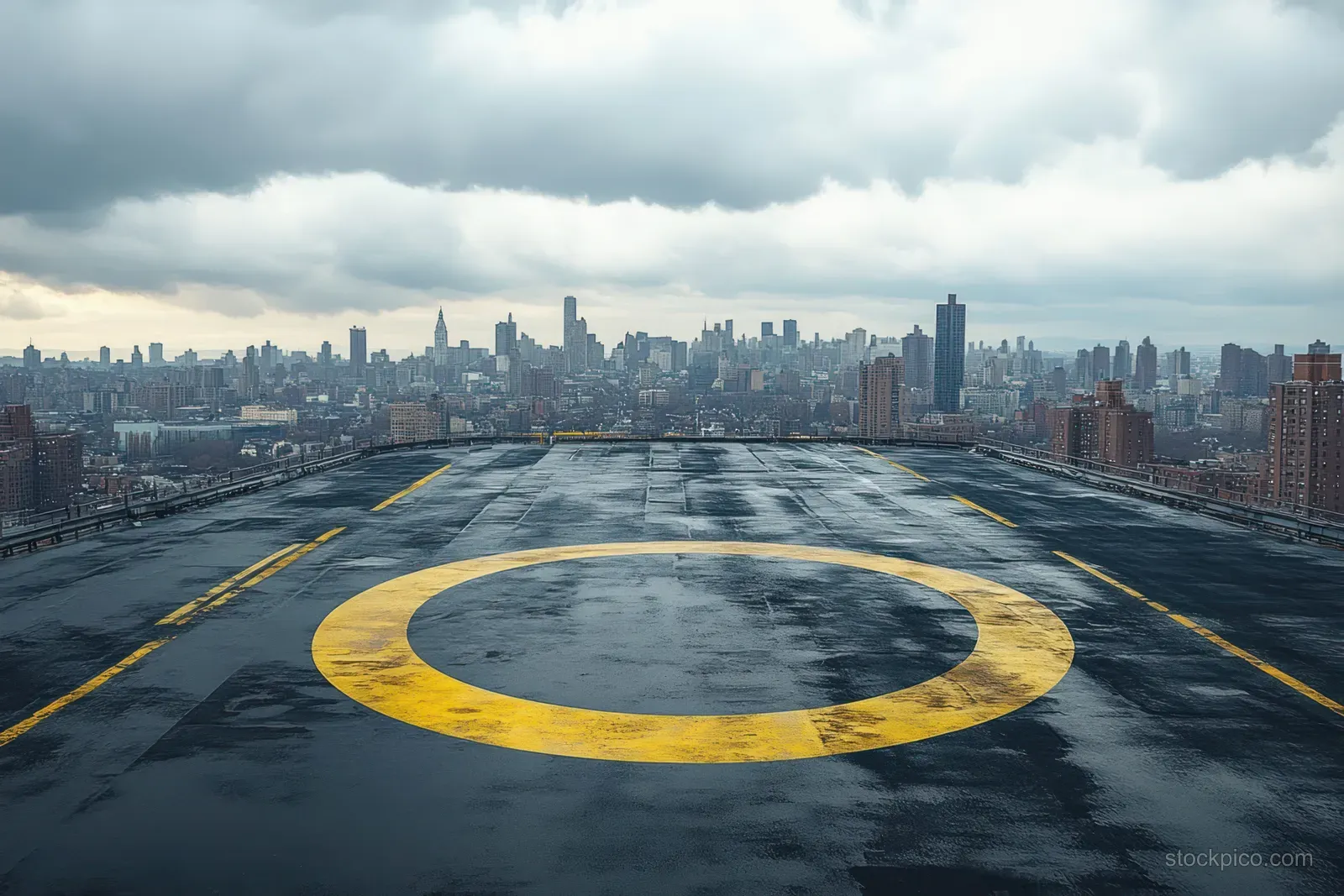 Wet rooftop helipad with a large yellow circle marking and a distant dense city skyline under cloudy overcast weather.